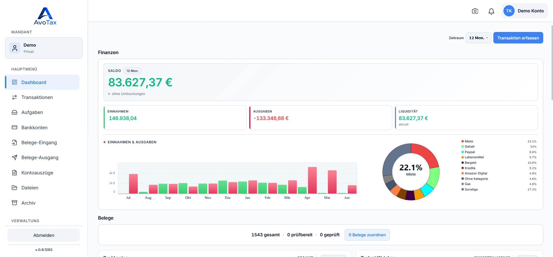 AvoTax Dashboard – Finanzen mit Saldo, Einnahmen und Ausgaben