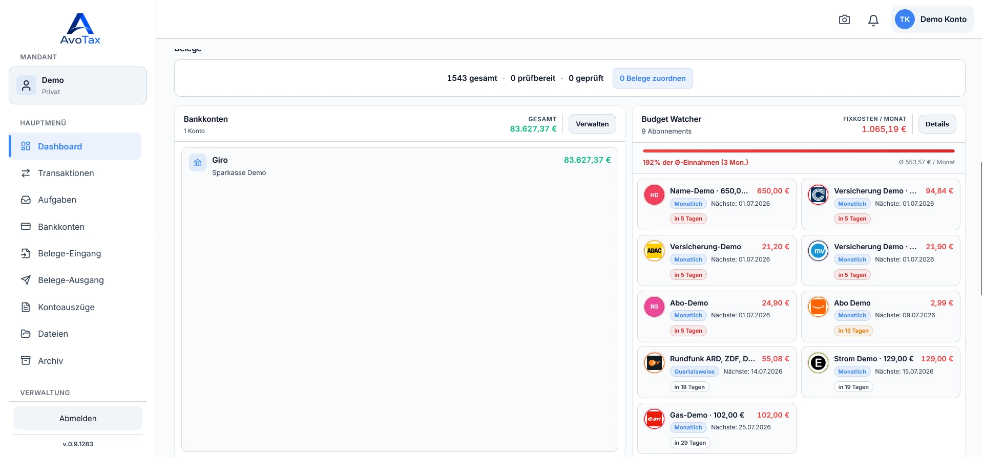 AvoTax Dashboard – Bankkonten und Budget Watcher