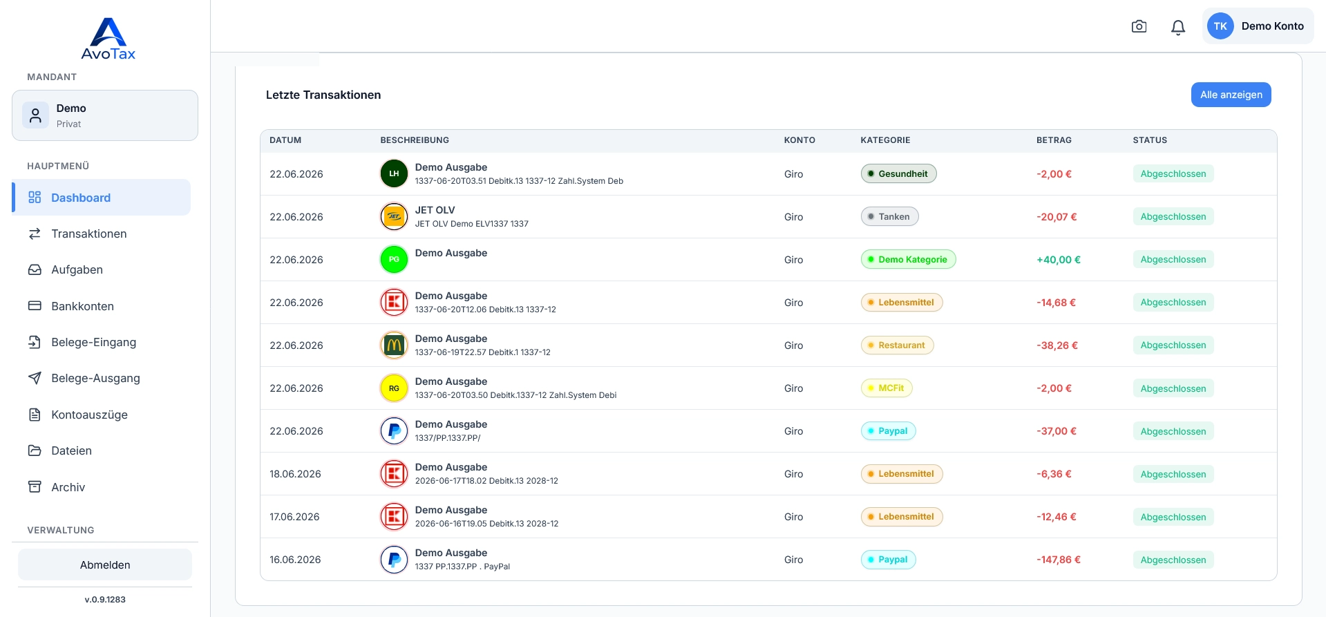 AvoTax Dashboard – Letzte Transaktionen